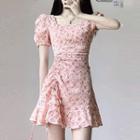 Short-sleeve Square Neck Floral A-line Mini Dress