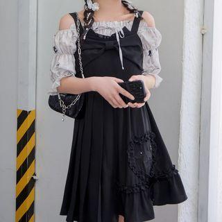 Elbow-sleeve Cold Shoulder Top / Strappy A-line Dress