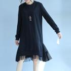 Long-sleeve Lace Panel Sweat A-line Dress