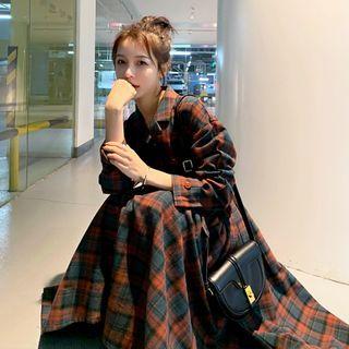 Plaid Long-sleeve Collared Midi A-line Dress