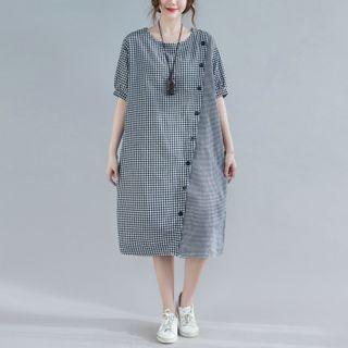Short-sleeve Plaid Button-up Midi Dress Black - One Size