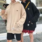 Dolman-sleeve Couple Floral Embroidered Loose-fit Pocketed Hooded Plain Sport Pullover