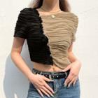 Short Sleeve Color-block Ruched Crop Top