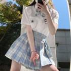 Short-sleeve Logo Embroidered Plaid Bow Shirt / Plaid Pleated Mini A-line Skirt