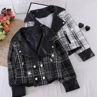 Faux Leather Lapel Panel Plaid Jacket