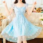 Cap-sleeve Embroidered Midi A-line Mesh Dress