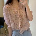Elbow-sleeve Floral Chiffon Blouse As Shown In Figure - One Size