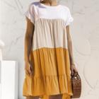 Short-sleeve Color Block Tiered Dress