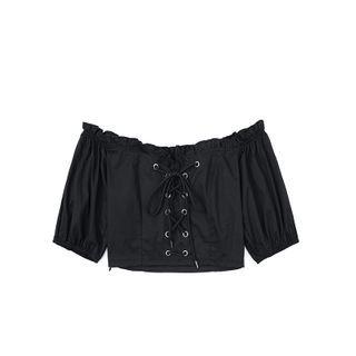 Lace-up Off-shoulder Elbow-sleeve Cropped Blouse