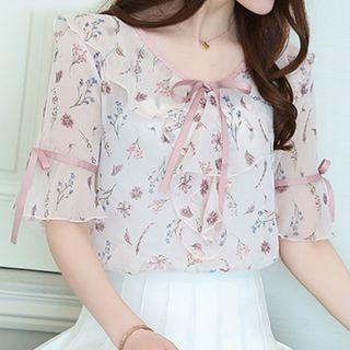 V-neck Ruffle Trim Elbow-sleeve Top