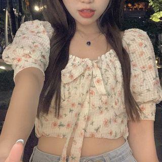 Short-sleeve Floral Blouse Pink Floral - White - One Size