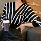 Striped V-neck Knit Top Stripe - Black & White - One Size