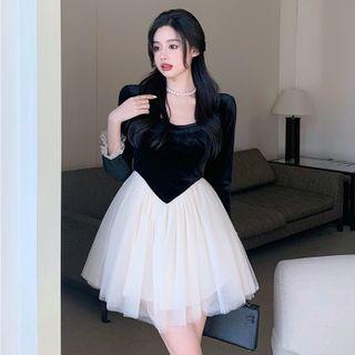 Long-sleeve Velvet Mesh Panel A-line Dress