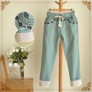 Flower Embroidered Drawstring Pants