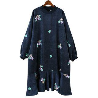 Puff-sleeve Floral Embroidered Corduroy A-line Dress