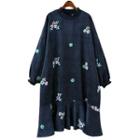 Puff-sleeve Floral Embroidered Corduroy A-line Dress