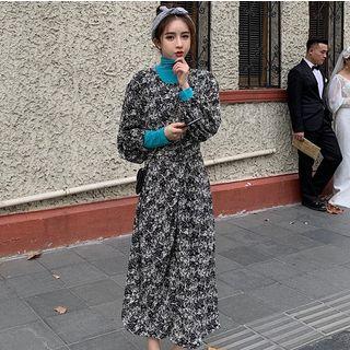 Mock-turtleneck Long-sleeve Top / Balloon-sleeve Floral Print Midi A-line Dress