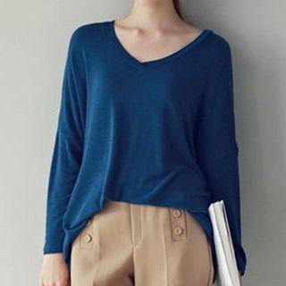 V-neck Plain Long-sleeve T-shirt