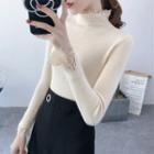 Mock-turtleneck Lace Cuff Ribbed Knit Top