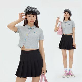 Embroidery Buttoned Polo Crop Top