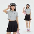 Embroidery Buttoned Polo Crop Top