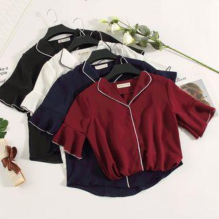 V-neck Contrast Trim Short-sleeve Blouse