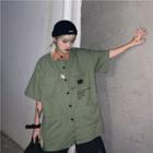 Elbow-sleeve Letter Color Block Cargo Shirt