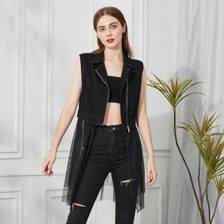 Mesh Panel Denim Zip-up Vest