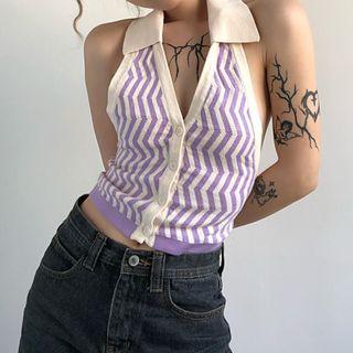 Halter-neck Zigzag Pattern Knit Crop Tank Top