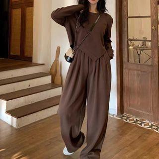 Set: Plain Sweatshirt + Wide Leg Sweatpants