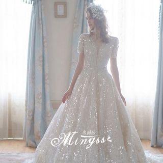 Short-sleeve Rhinestone Embellished A-line Wedding Gown
