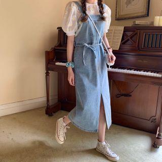 Slit Midi A-line Denim Pinafore Dress