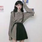 Long-sleeve Plaid Mini Shirt Dress / Asymmetric A-line Mini Pleated Skirt