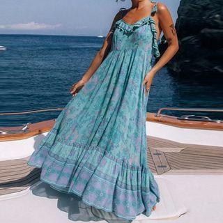 Floral Spaghetti-strap Open-back Long Dress