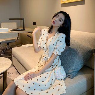Short-sleeve Frill Trim Polka Dot A-line Dress As Shown In Figure - One Size