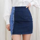 Zip-detail Color-block Denim Skirt