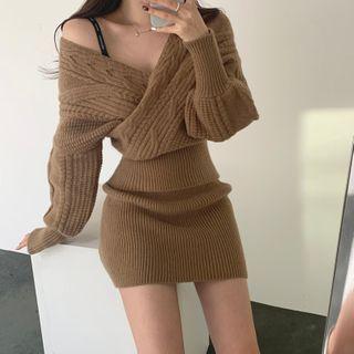 Set: V Neck Cable-knit Sweater + High-waist Knit Skirt