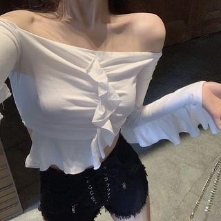 Ruffle Trim Off-shoulder Long-sleeve Crop Top White - One Size