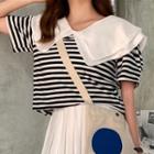 Short-sleeve Striped Wide Collar Top Stripe - One Size