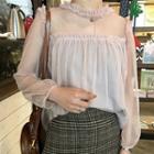 See-through Long-sleeve Chiffon Blouse Light Pink - One Size
