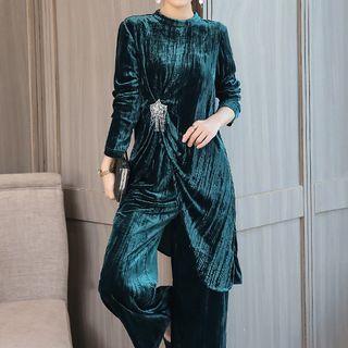 Set: Long-sleeve Velvet Top + Velvet Wide Leg Pants