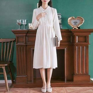 Plain Long-sleeve Peter Pan Collar Midi Dress