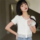 Short-sleeve Lace Panel Top White - One Size