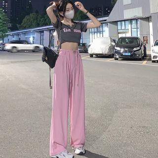 Short Sleeve Placket Letter Print Crop T-shirt / High Waist Drawstring Loose Dress Pants