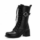 Plain Lace-up Chunky Heel Mid-calf Boots