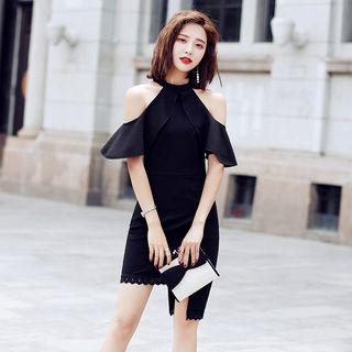 Cold Shoulder Halter Asymmetric Sheath Dress