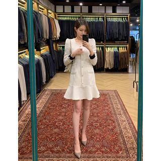 Faux-pearl Ruffled-hem Tweed Dress