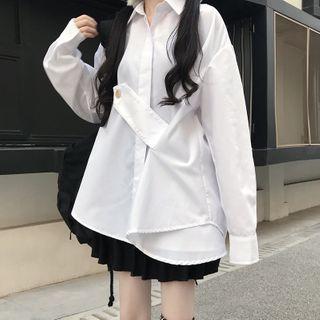 Asymmetric Front Long-sleeve Plain Blouse White - One Size