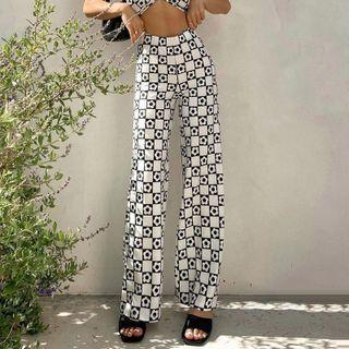 Set: Print Halter Top + Straight-leg Pants