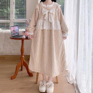 Long-sleeve Ribbon Maxi A-line Sleep Dress Almond - One Size